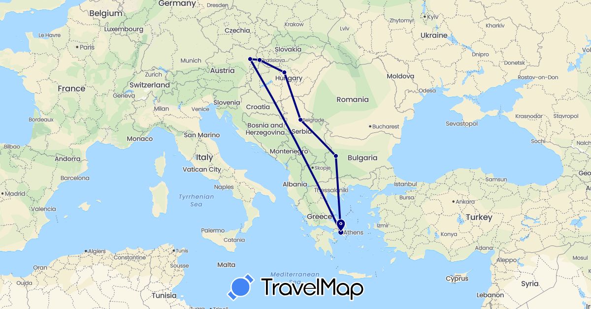 TravelMap itinerary: driving in Austria, Bulgaria, Greece, Hungary, Serbia, Slovakia (Europe)
